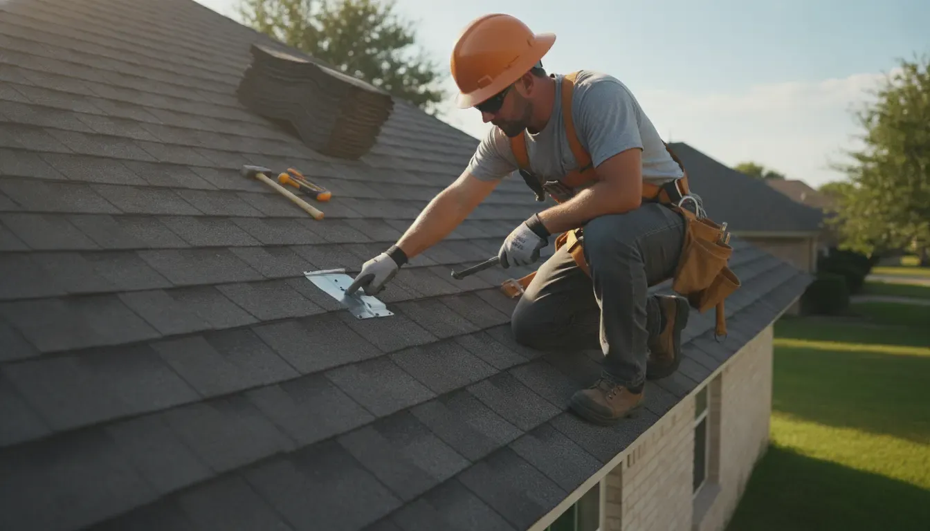 Roofer inspecting asphalt shingles and flashing on a Texas home