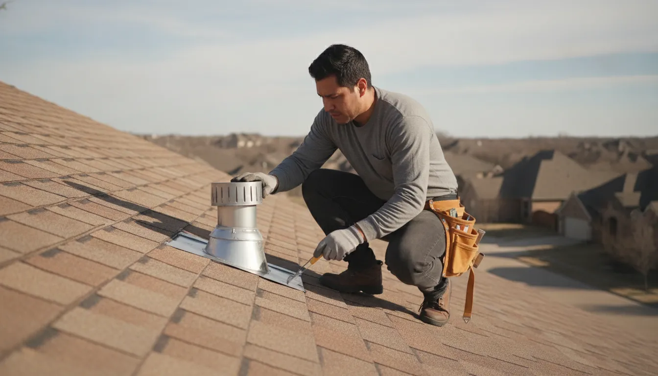 Roof inspector examining shingles, flashing, ventilation, and drainage components
