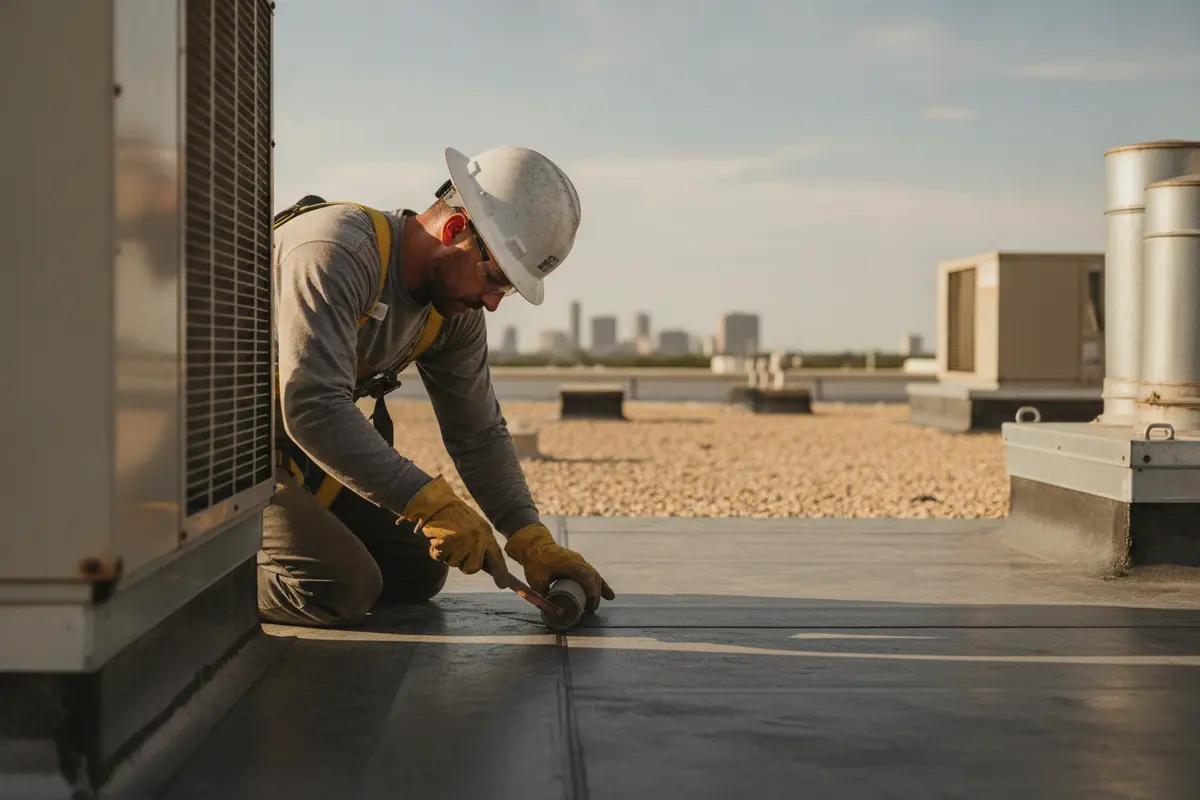 Inspector documenting the condition of a commercial roof membrane