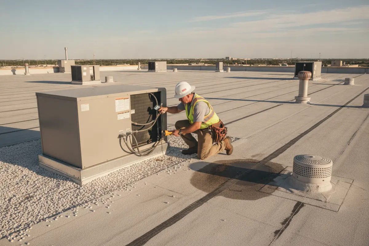 Inspector reviewing rooftop equipment and drainage on a commercial flat roof