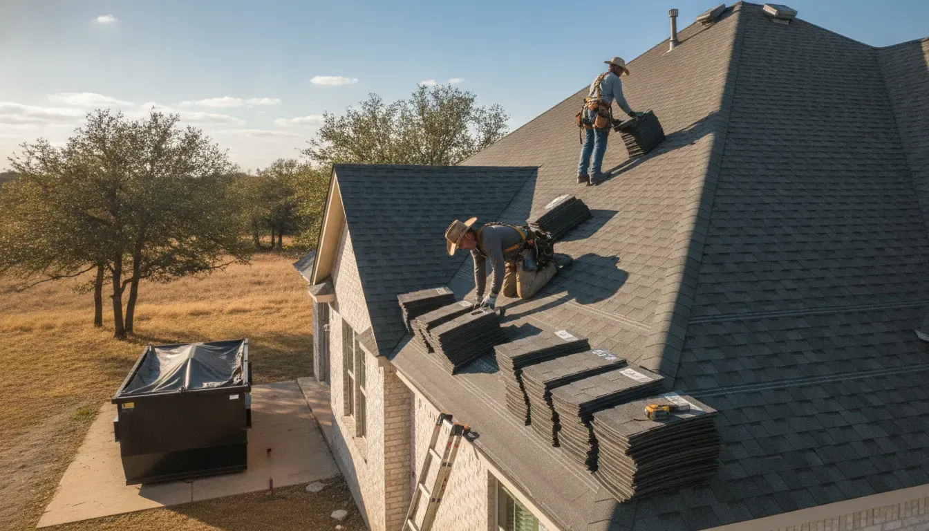 Crew installing asphalt shingles on a Texas residential roof