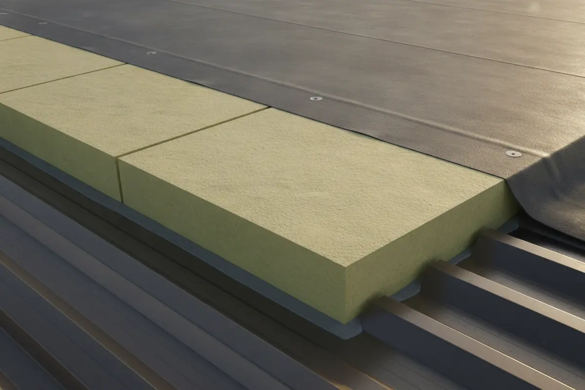 Insulation boards fitted as part of a commercial roof assembly