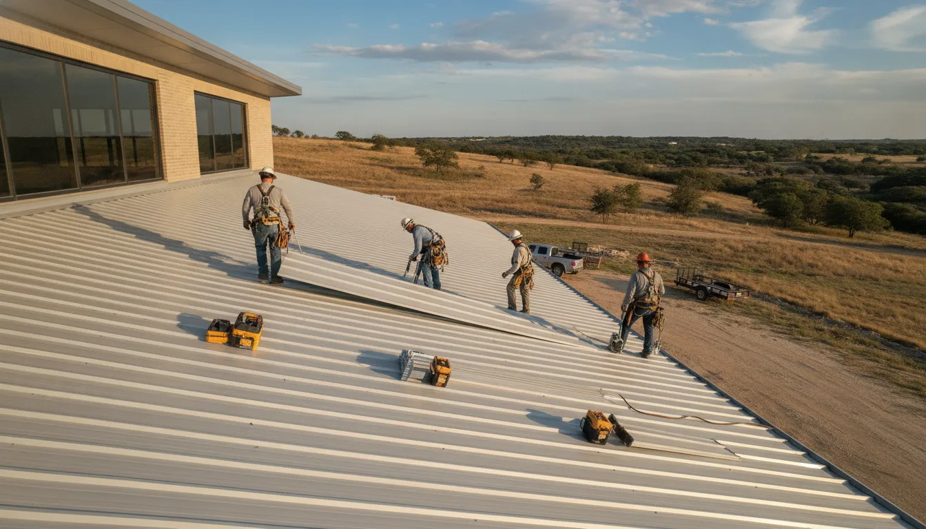 Standing seam metal roof on a commercial building under a clear Texas sky