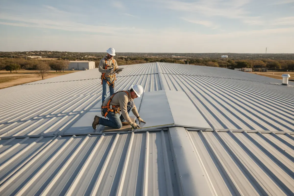 Metal roof surface and drainage details during a professional assessment