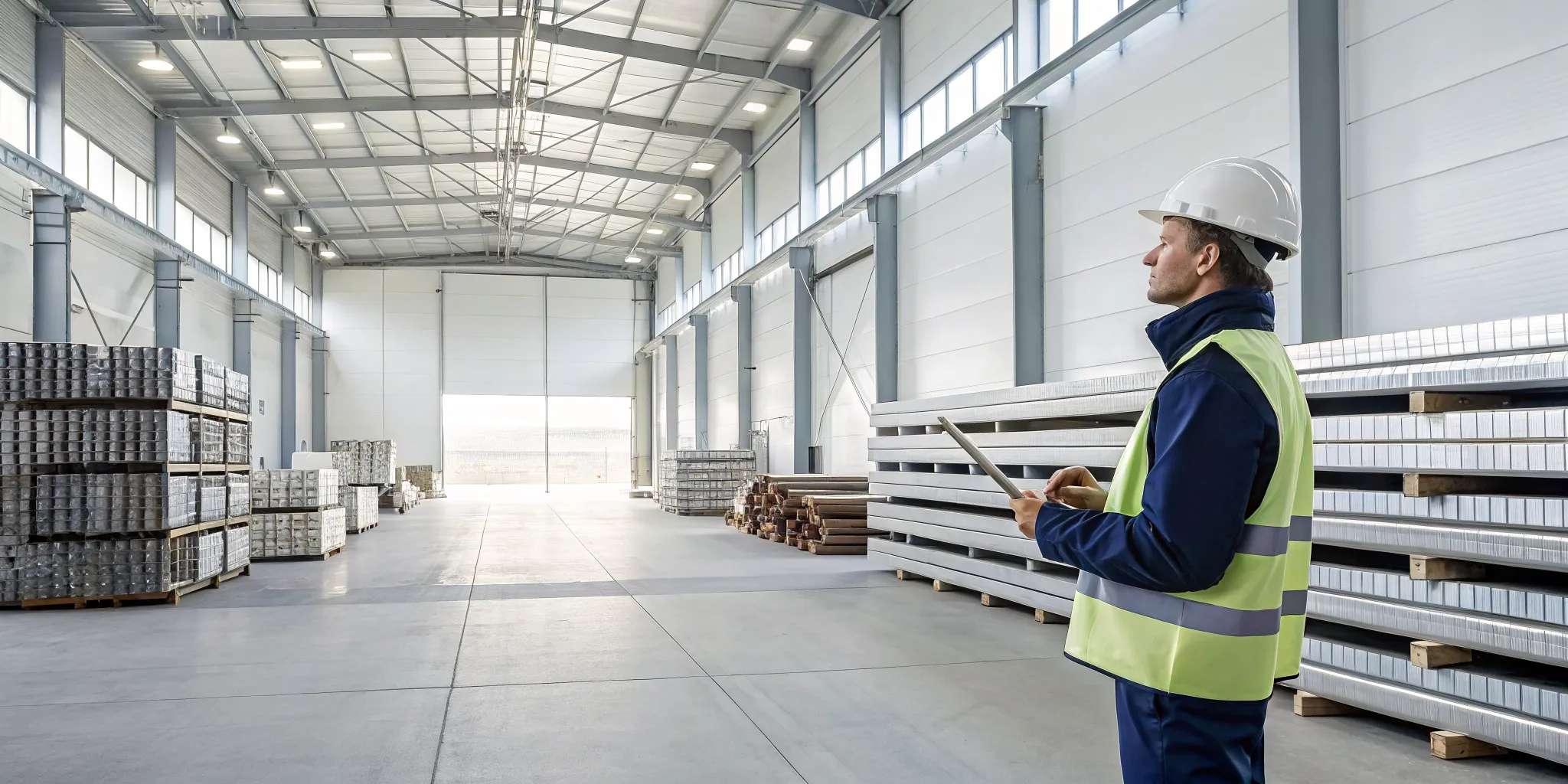 Metal supply worker checks inventory on warehouse racks using a tablet.