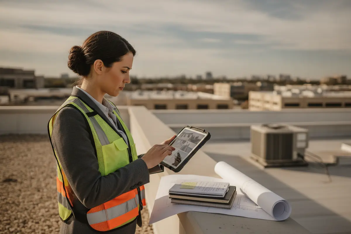 Property manager reviewing roof inspection photographs and notes