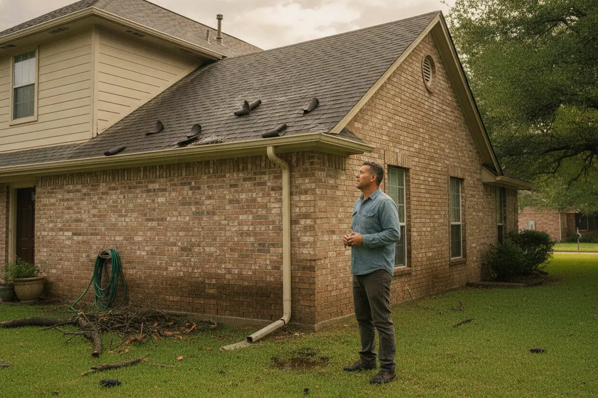 Property owner checks a roof and gutters from the ground after a storm