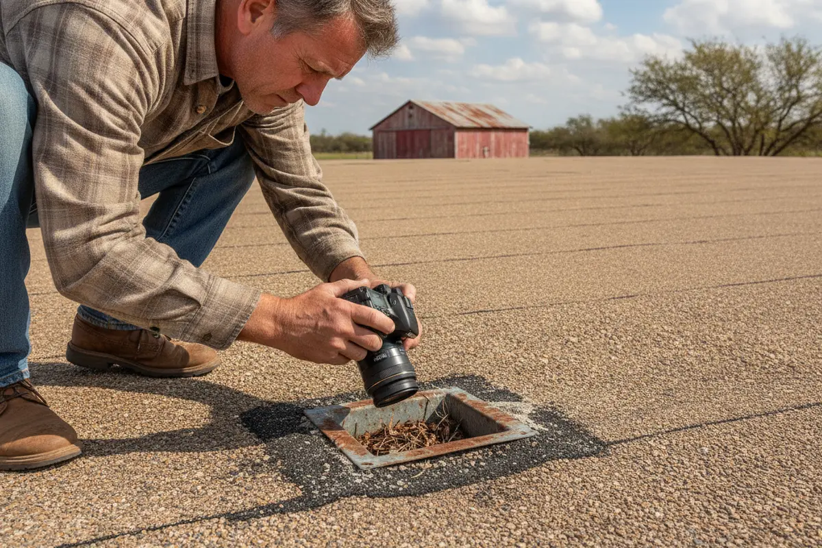 Property owner photographing a flat roof drain and surface for records