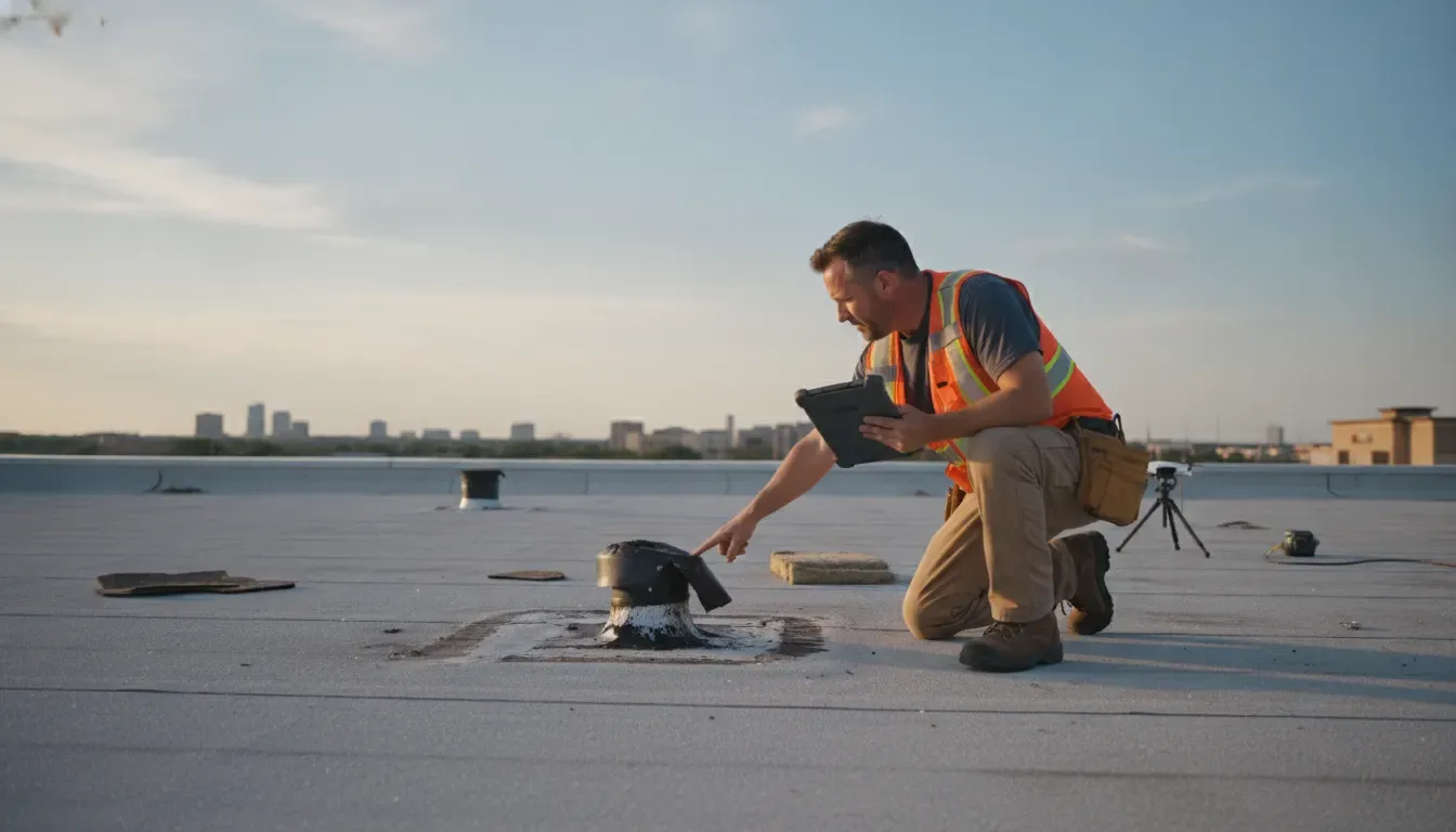 Commercial roofing professional documenting damage around a Texas low-slope roof vent