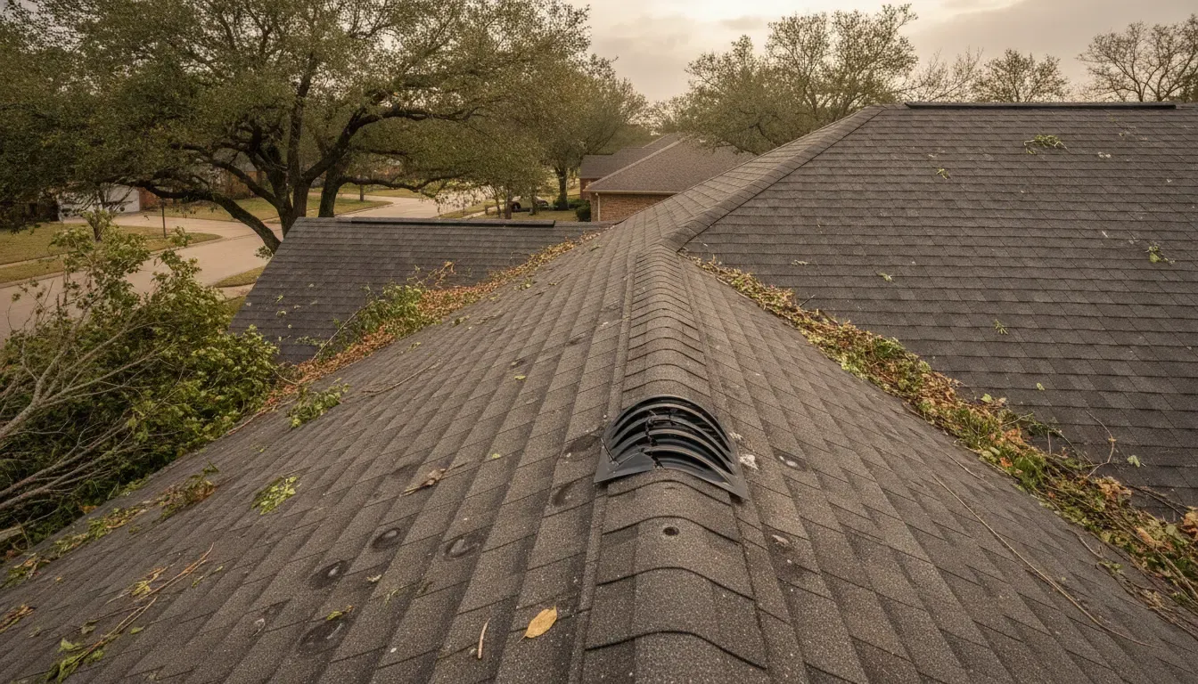 Hail and wind marks on a Texas shingle roof after a storm