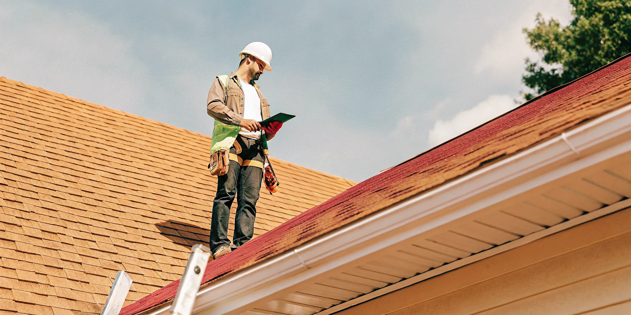 Professional roofer inspecting an Austin home after storm damage