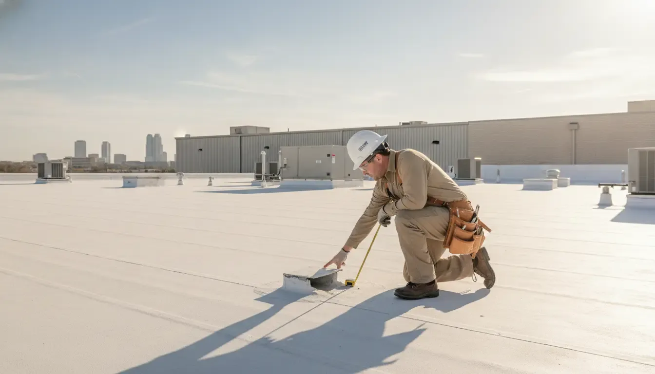 Professional inspecting drainage and rooftop equipment on a Texas commercial roof