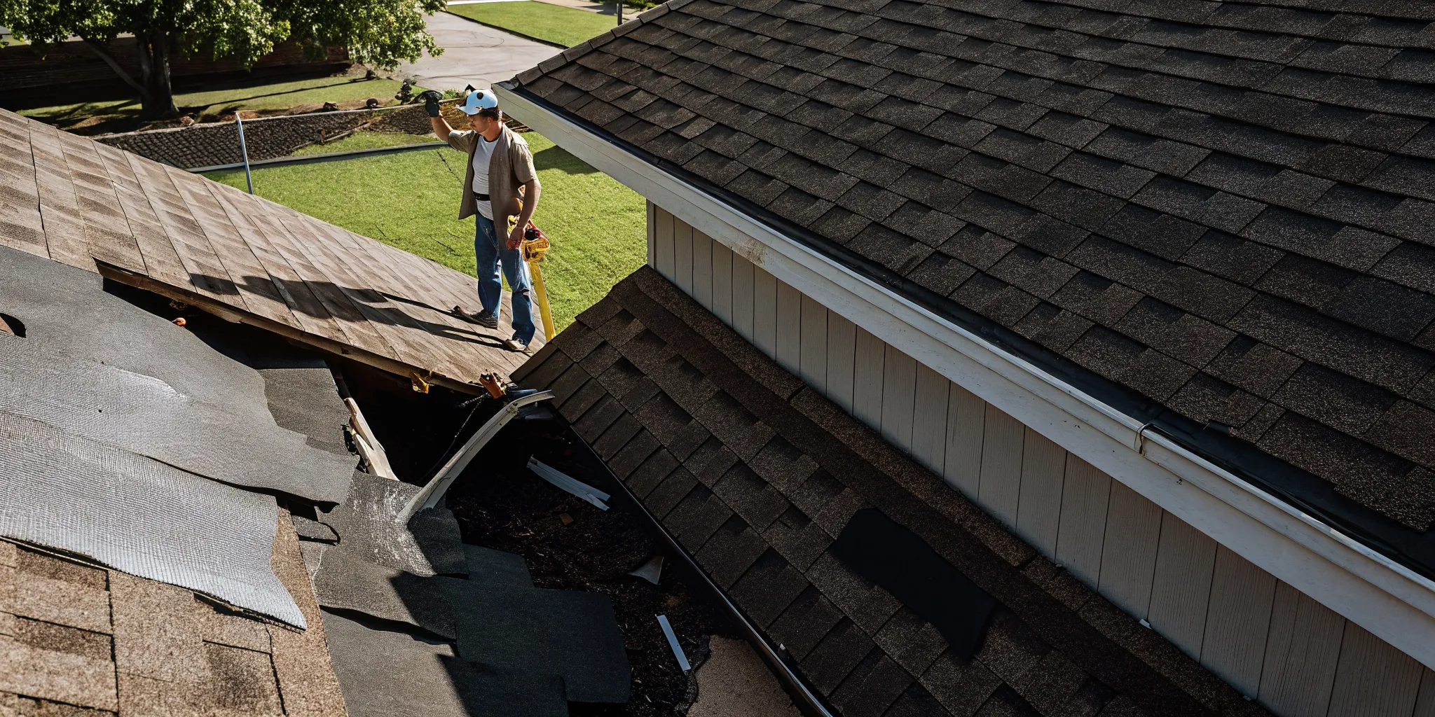 Professional roofer inspecting storm damage on a Texas asphalt shingle roof