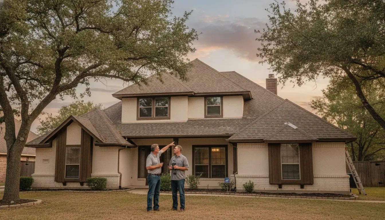 Texas homeowners reviewing a roof after a storm with a roofing professional