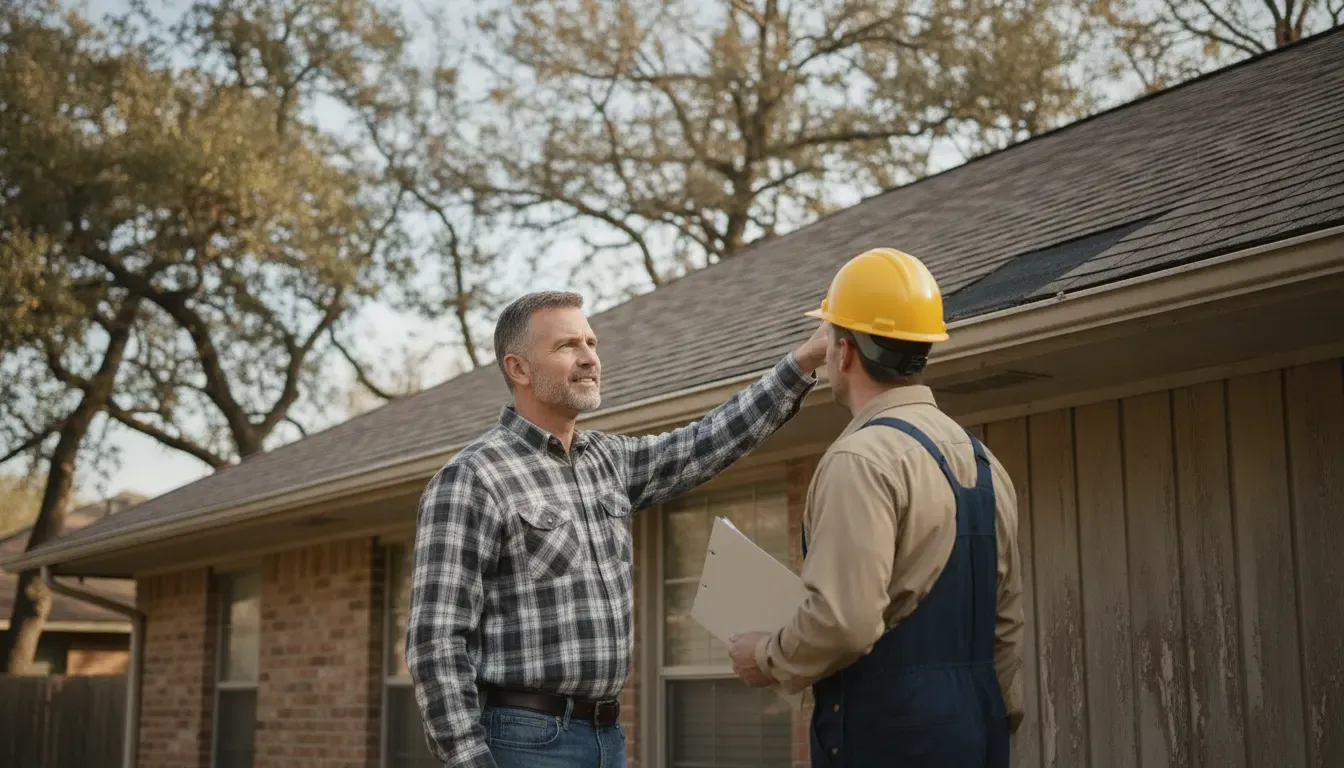 Texas homeowner discussing roof documentation with a professional roofing inspector
