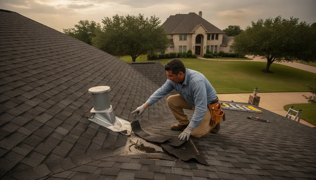 Texas roofing professional inspecting storm damage that may affect roof leak insurance coverage