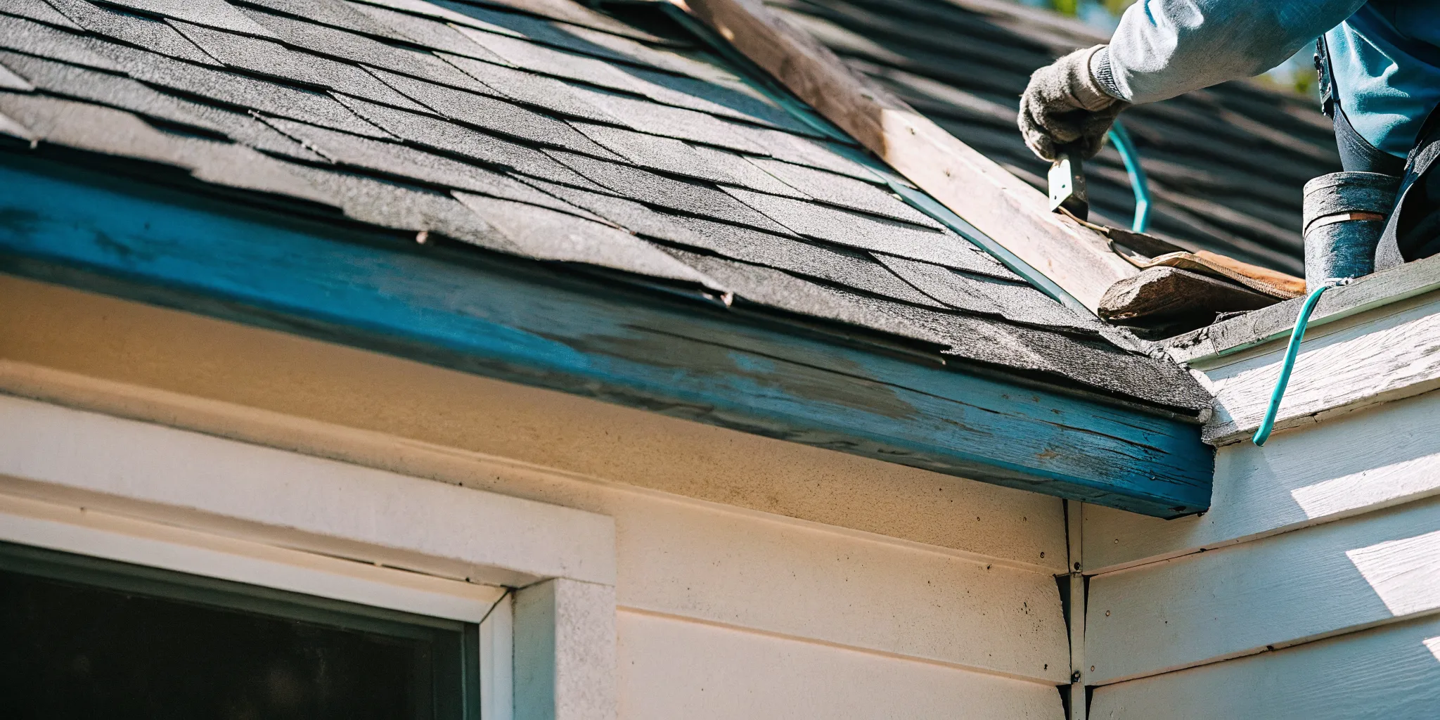Roofer completing a localized asphalt shingle roof repair