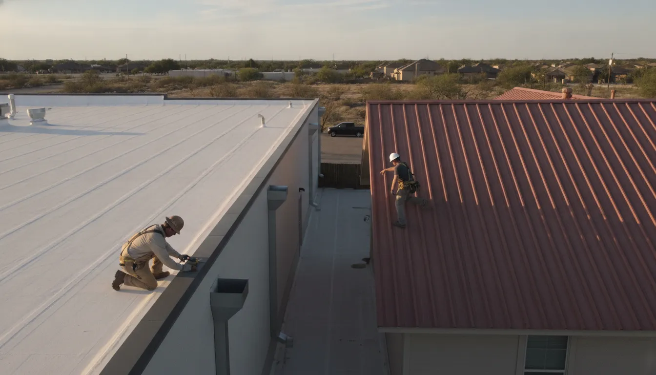 Commercial low-slope TPO roof and drainage details in Texas