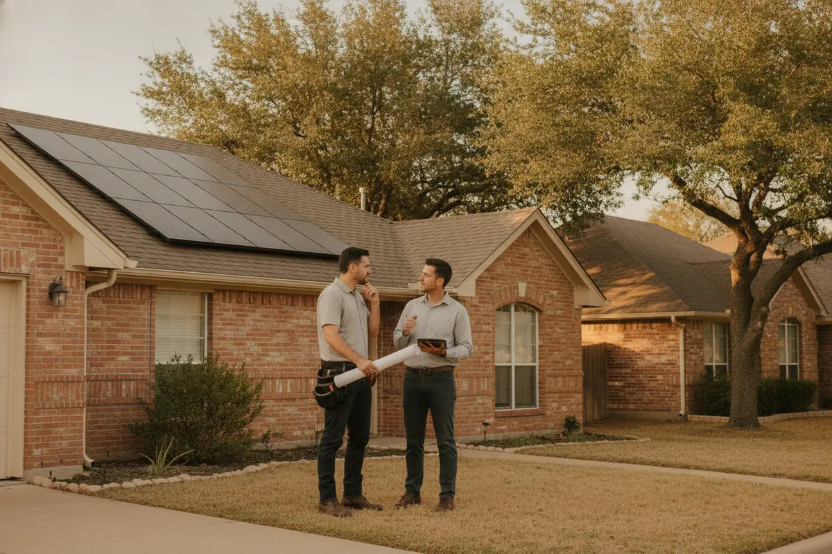 Roofer and solar technician coordinating roof and panel work