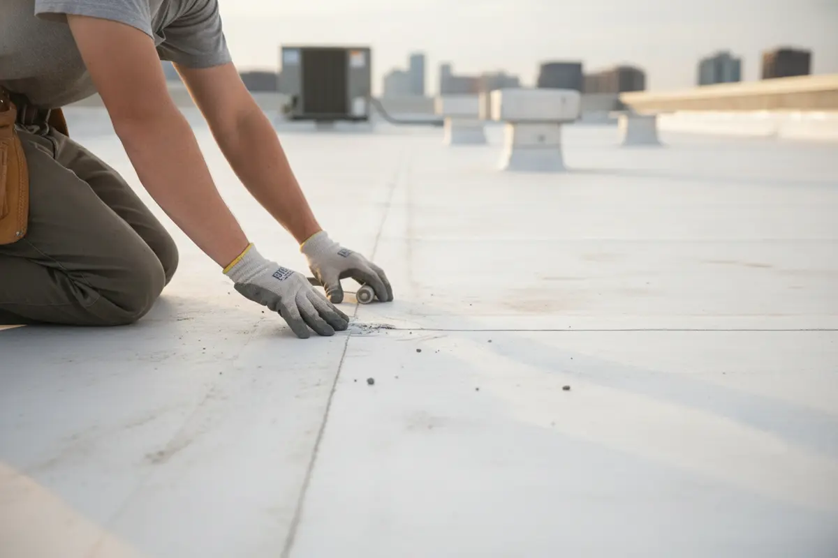 Roofer checks a TPO membrane seam for separation and surface damage