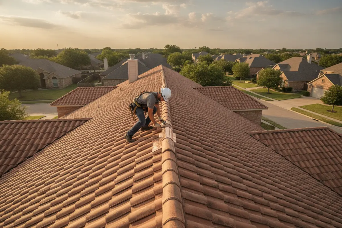 Roofer examining tile roof planes and flashing on a Texas home