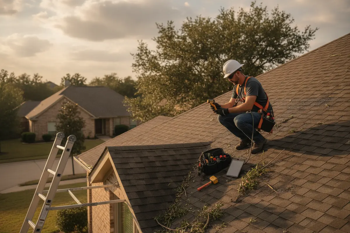 Roofer inspecting a Texas roof after storm weather