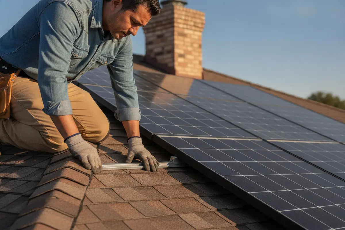 Roofer inspecting shingles and flashing beside rooftop solar panels