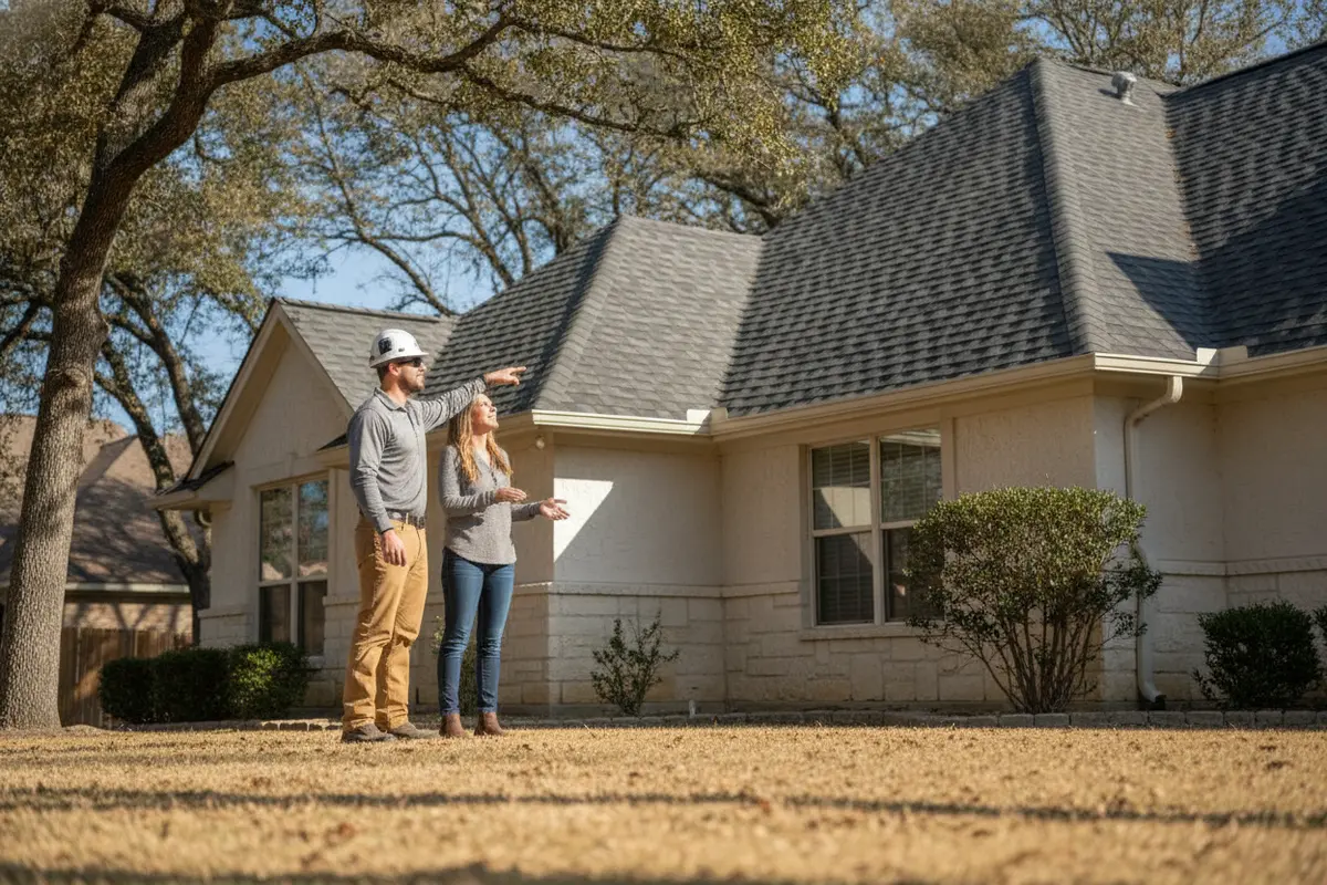Roofing professional and homeowner reviewing a completed roof upgrade