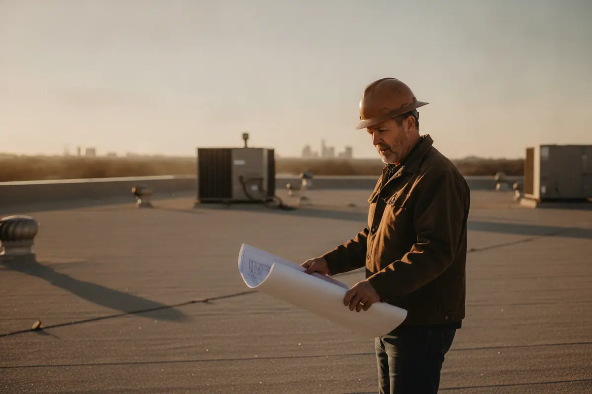 Roofing professional assessing a commercial roof before insulation work