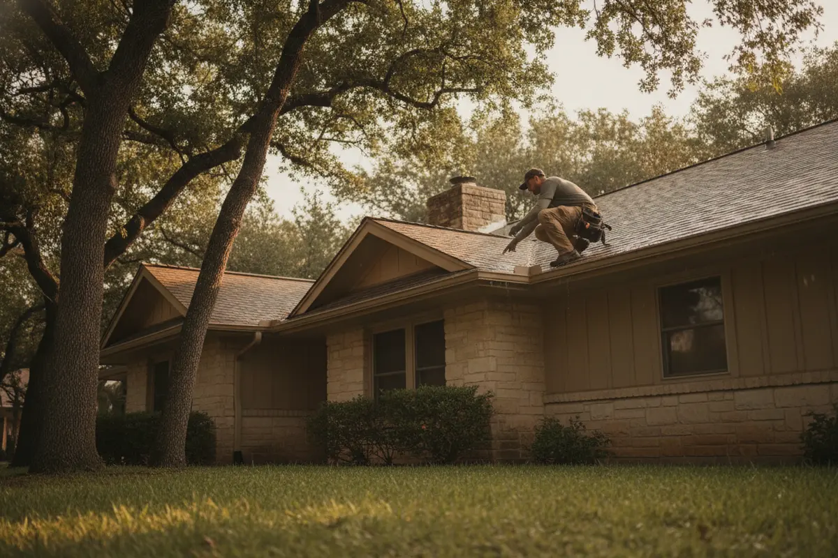 Roofing professional checking shingles and flashing from the ground