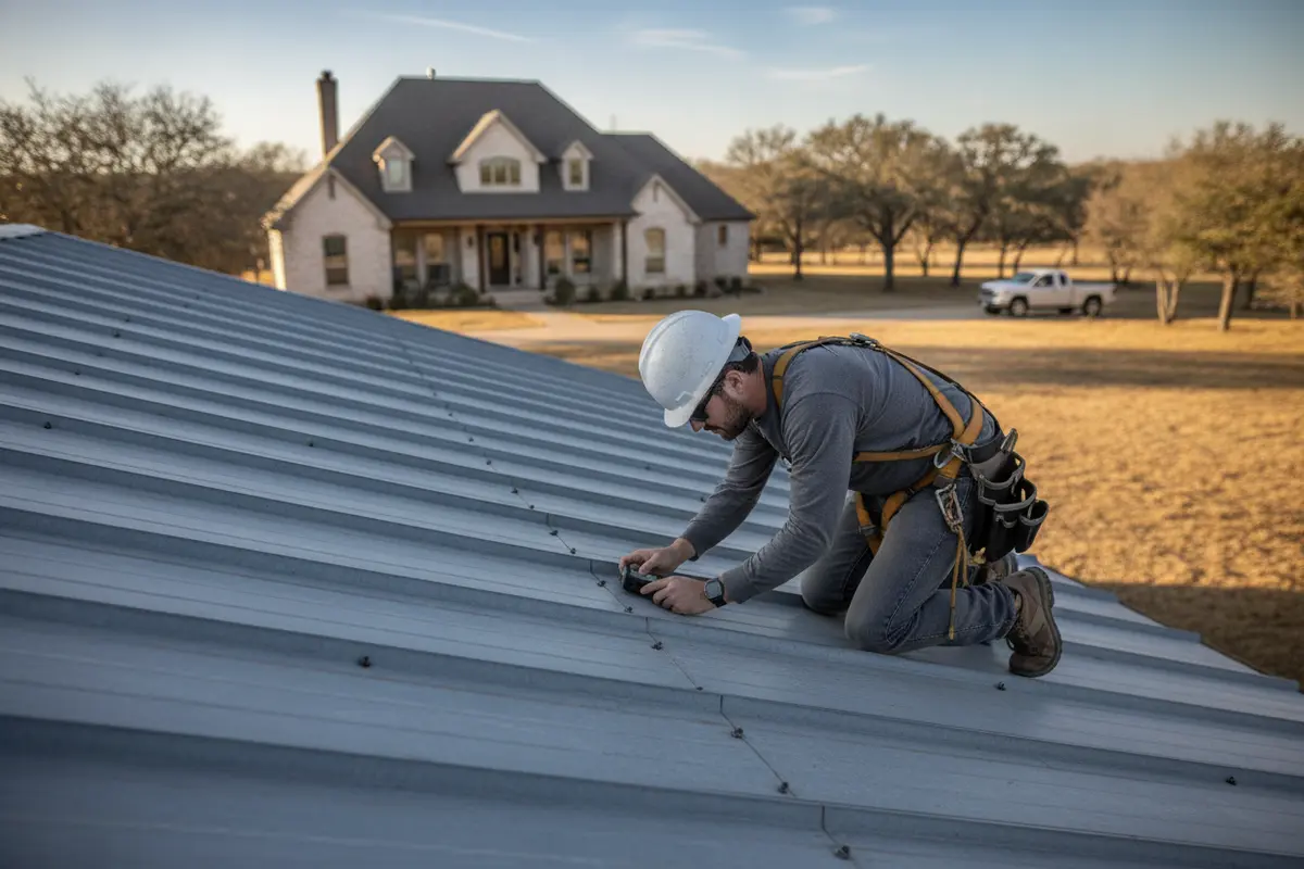 Roofing professional checks seams and fasteners on a metal roof