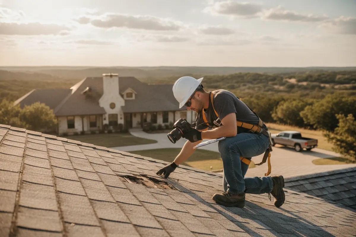 Roofing professional documents roof conditions during an inspection