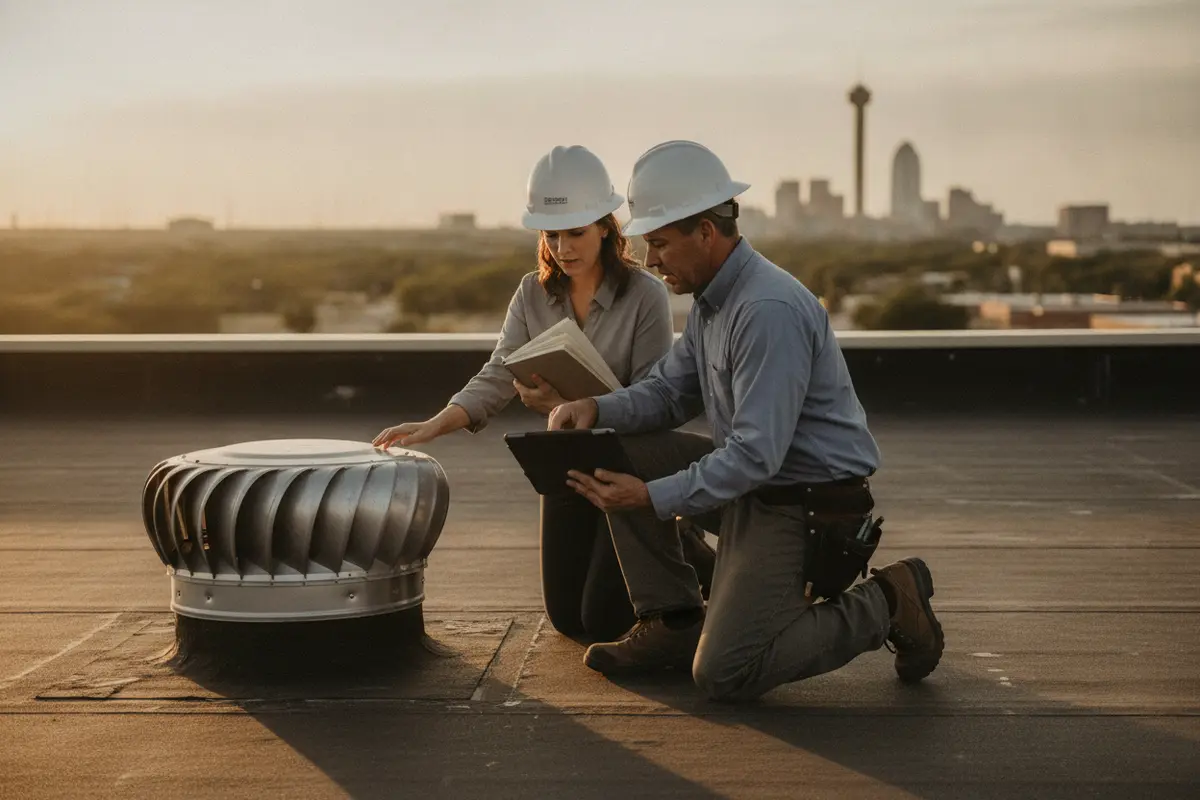 Roofing professional reviewing flat roof condition and records with property owner