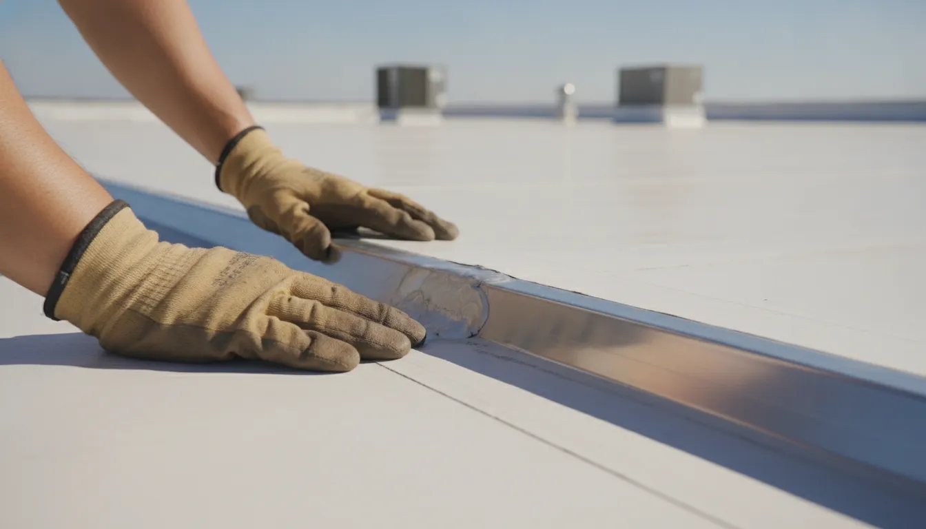 Gloved hands inspect a sealed metal edge where it meets a white commercial roof membrane