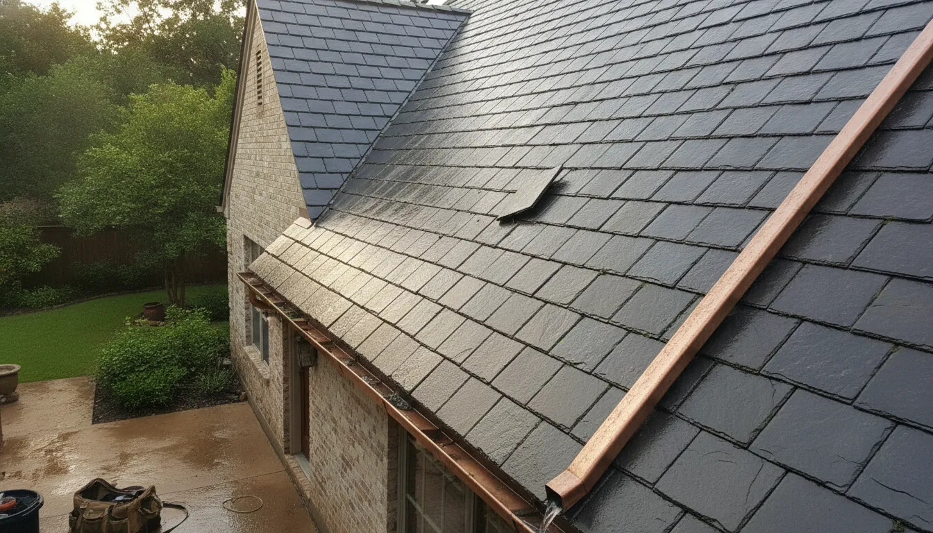 Slate roof exterior inspected after Texas storm weather