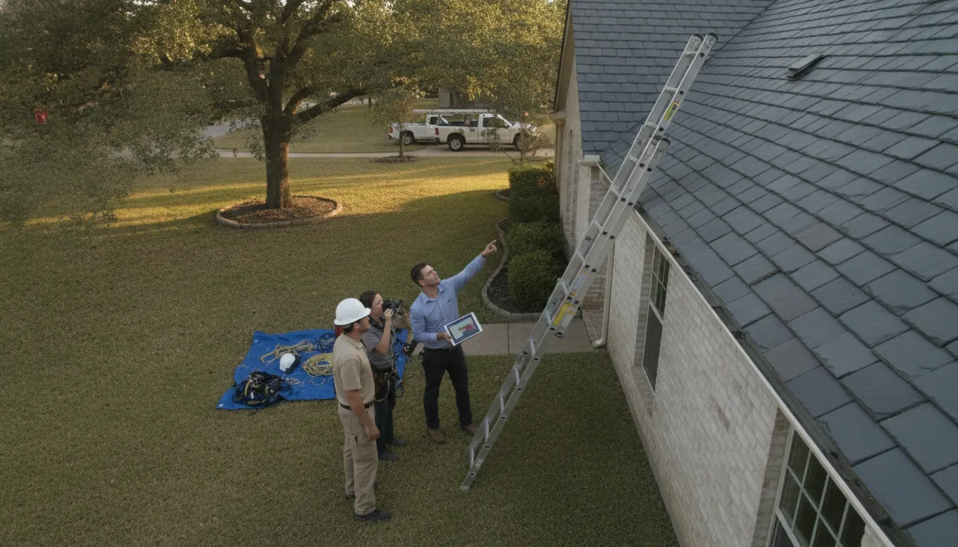 Roofing crew planning a slate roof inspection in Texas