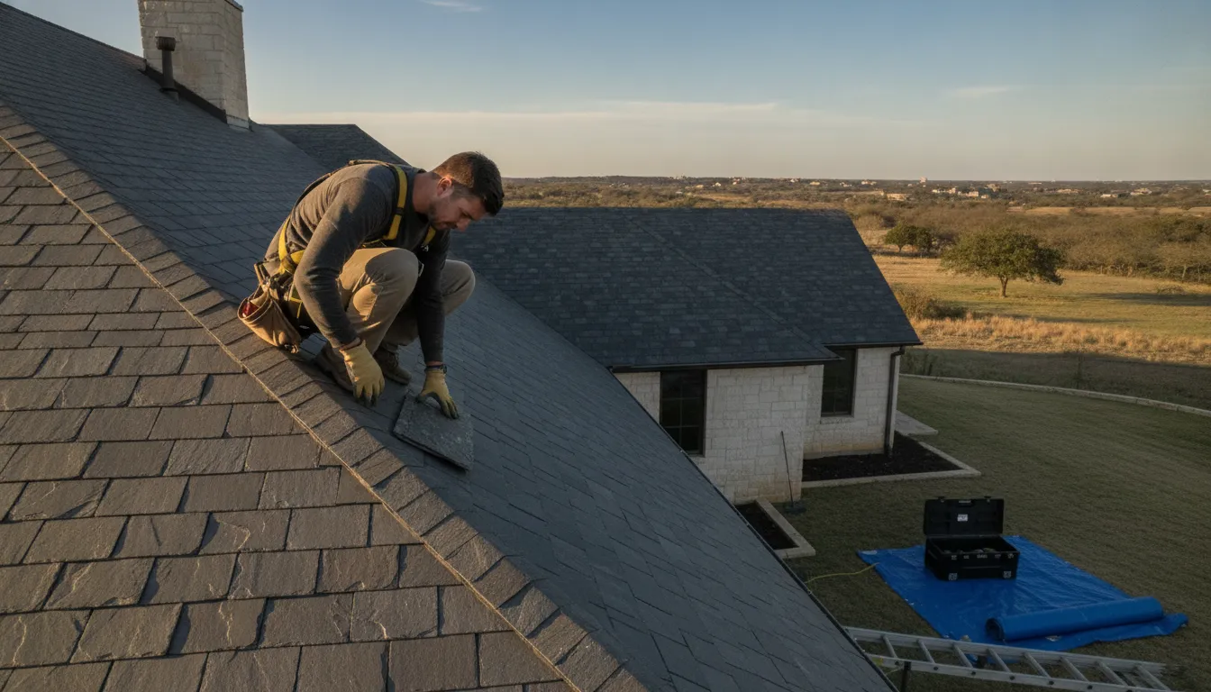 Roofing professional inspecting slate roof materials and drainage details