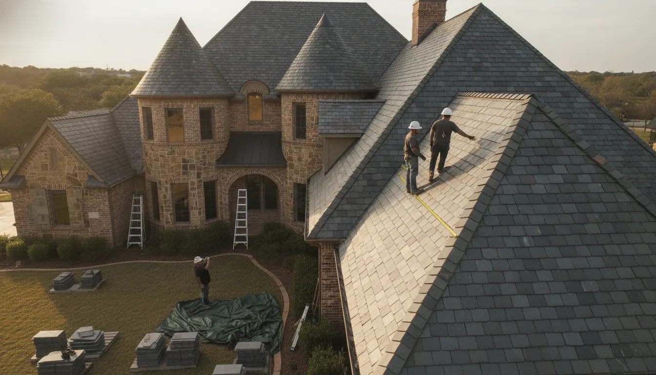 Roofing professional measuring a slate roof surface for project planning
