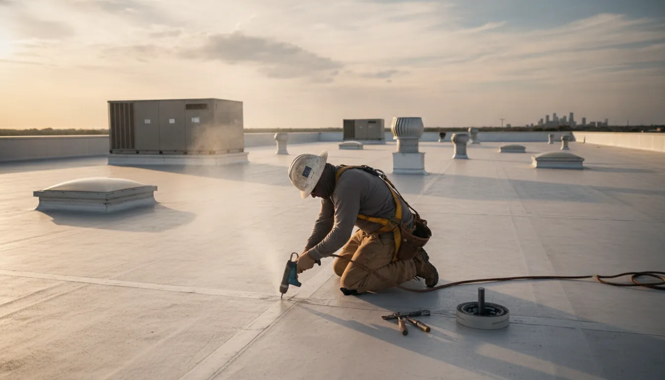White TPO membrane installed on a commercial roof in bright Texas sun