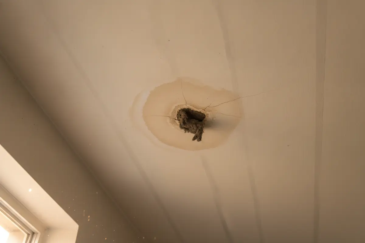 Water stain on a ceiling below a possible roof leak
