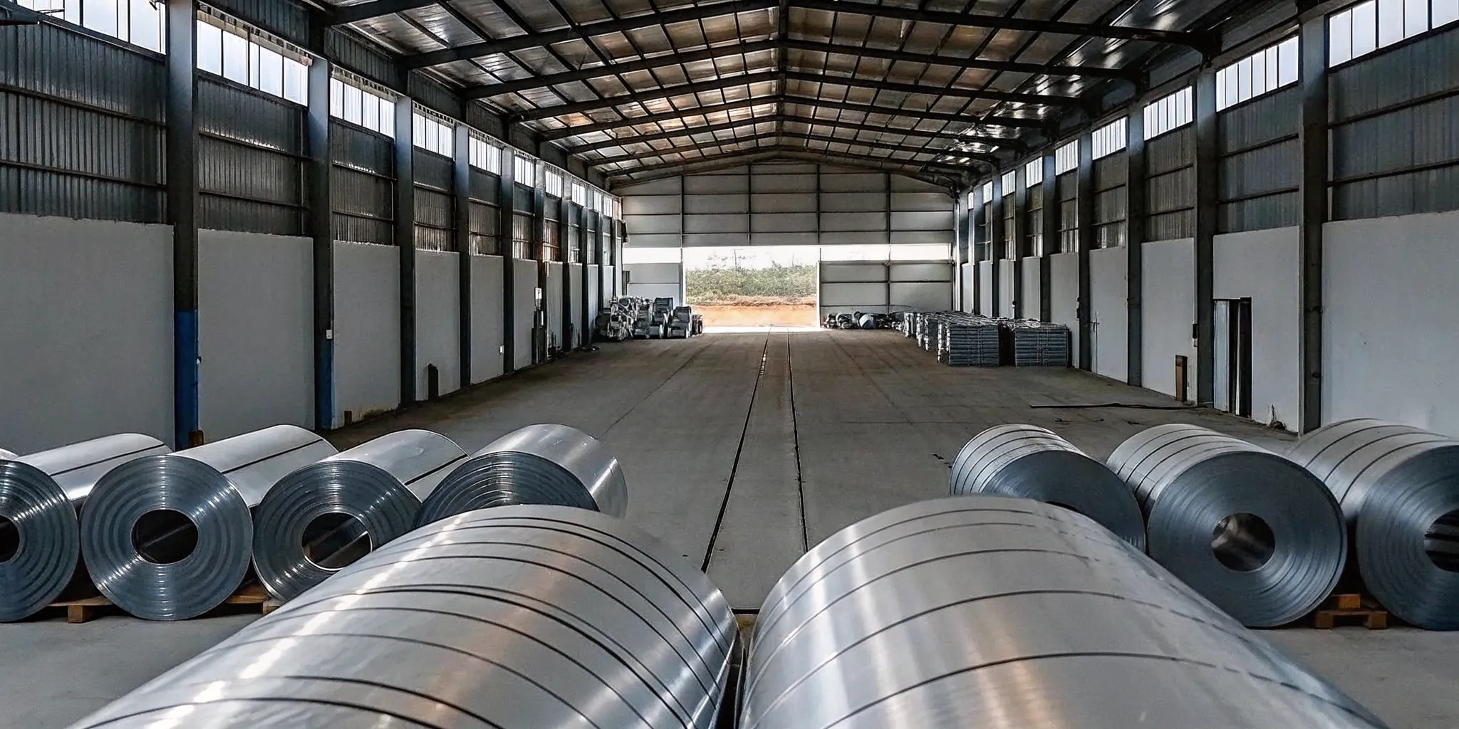 Coils of flat-rolled steel in a steel mill warehouse.
