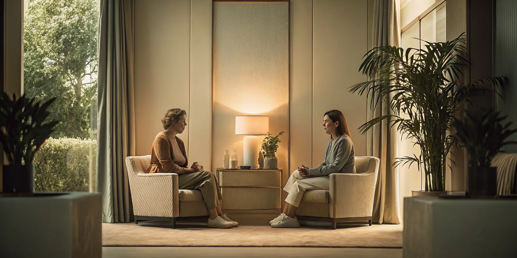 Professional therapy session in a bright clinical room with warm natural tones