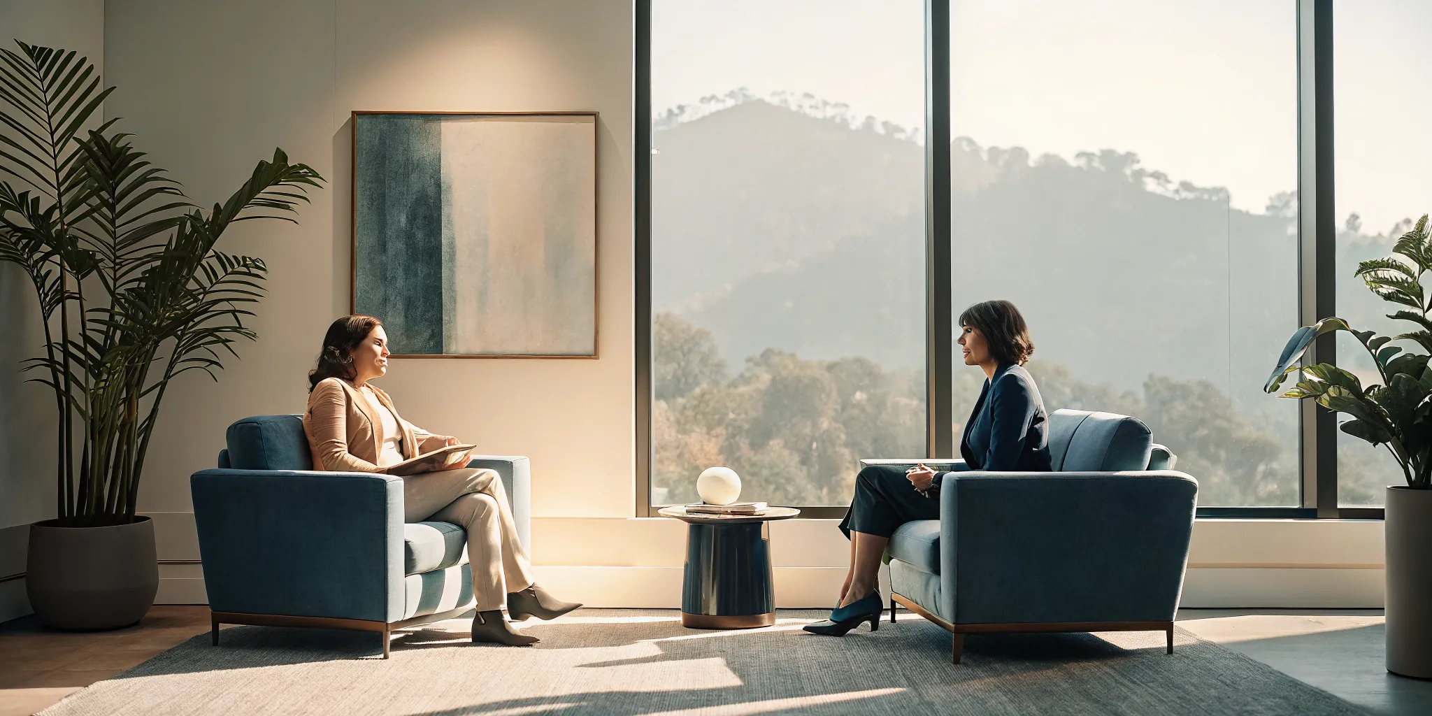 A professional counselor conducting a private therapy session in an elegant, sunlit executive office