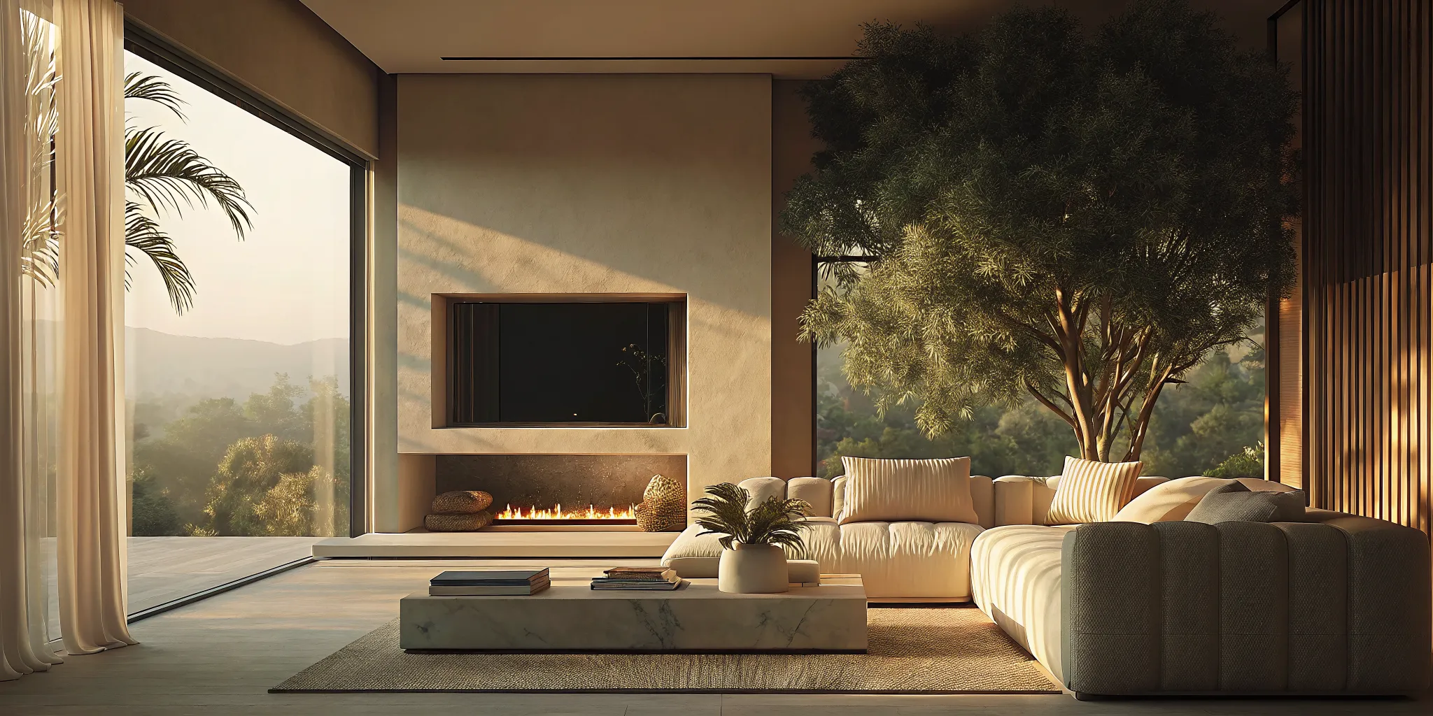 Upscale Los Angeles living room interior with soft lighting and comfortable seating conveying a peaceful recovery environment