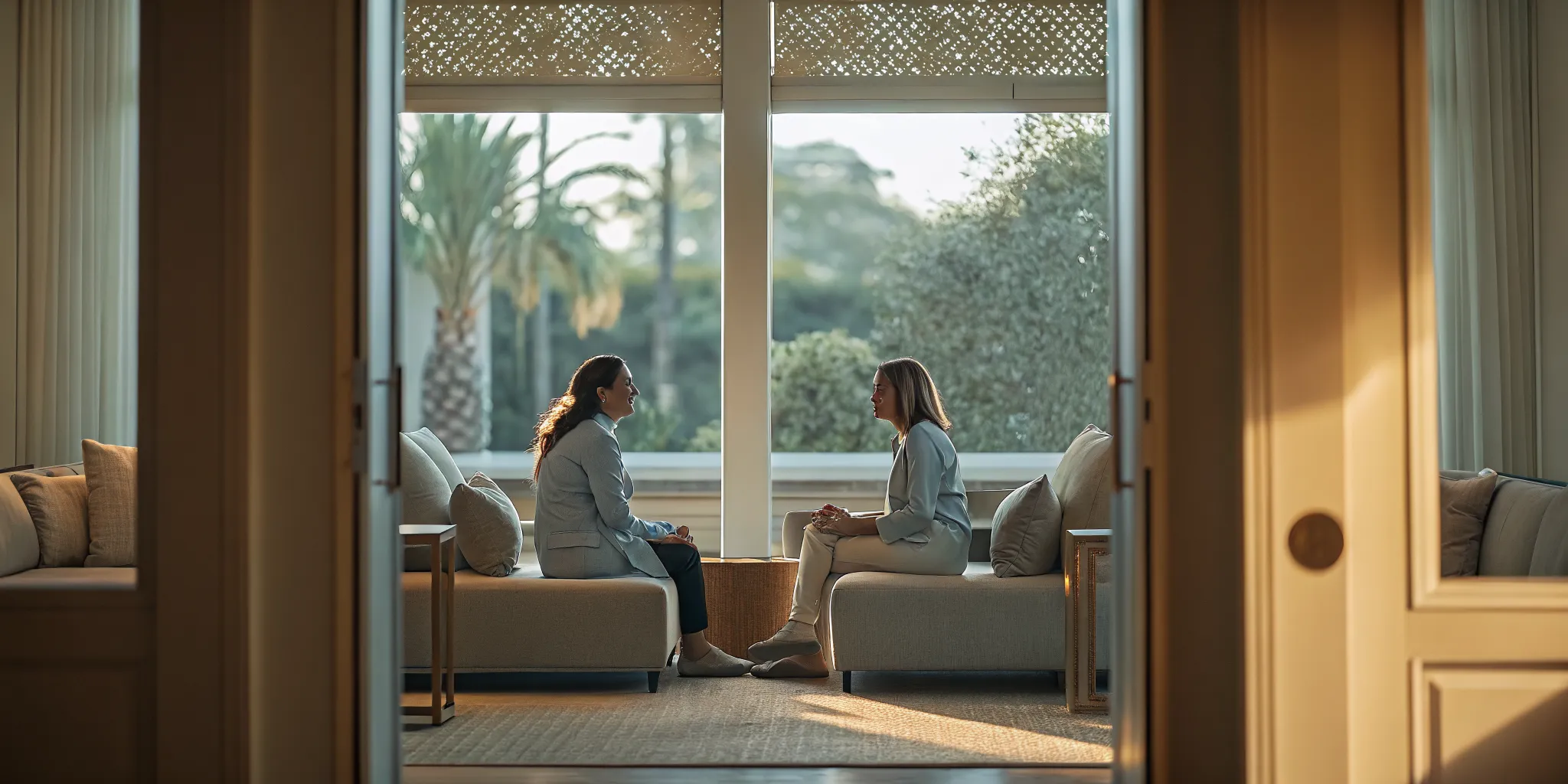 Clinician having a confidential treatment conversation in a private residential setting