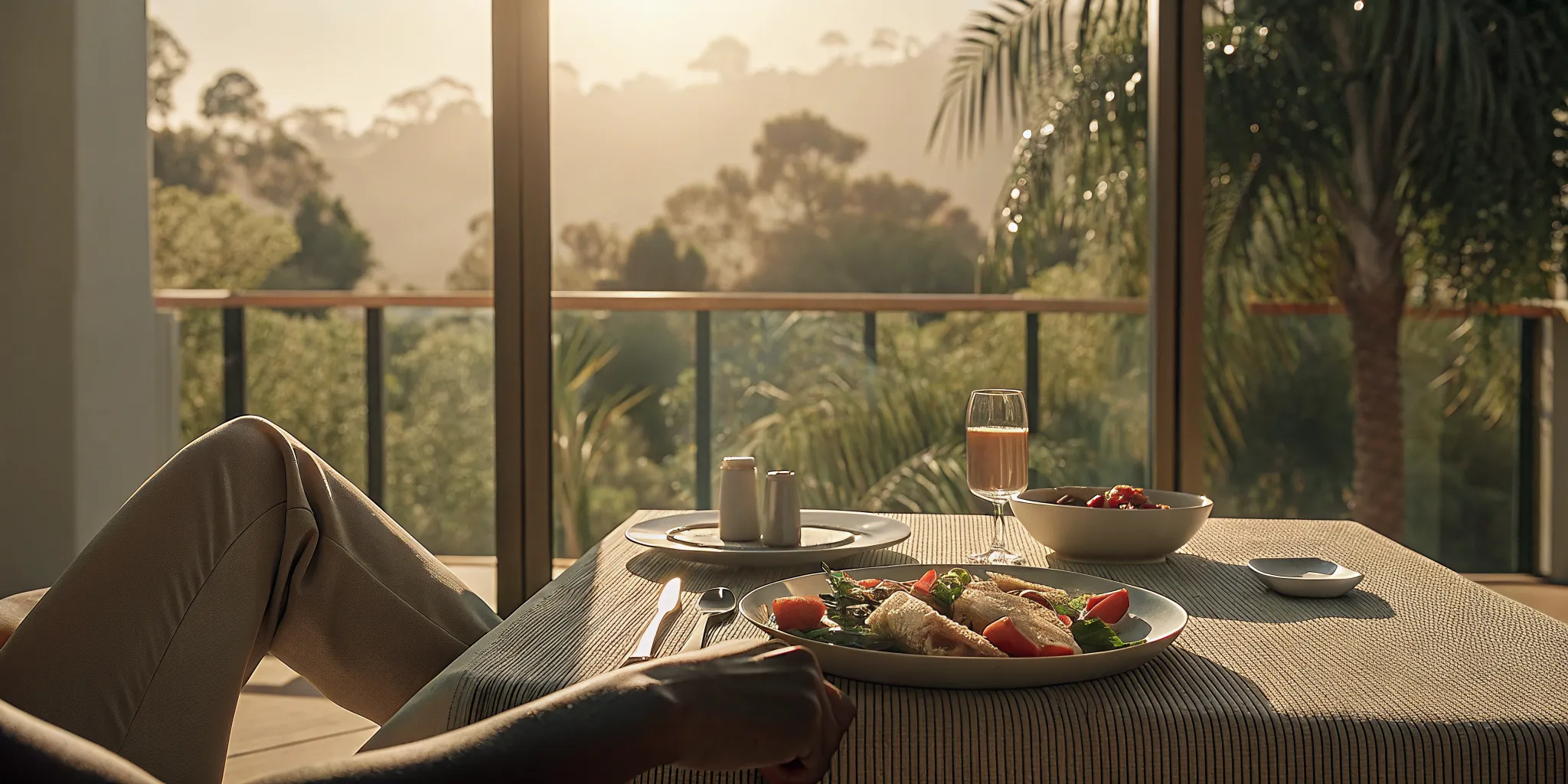 Gourmet meal with fresh vegetables and fish served in an elegant California dining room