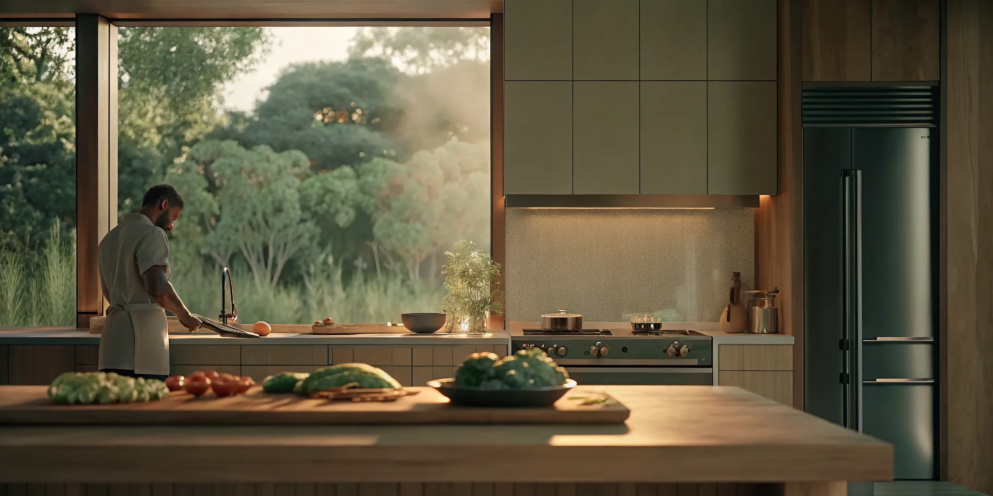 Private chef preparing fresh vegetables and lean protein in a luxury recovery kitchen