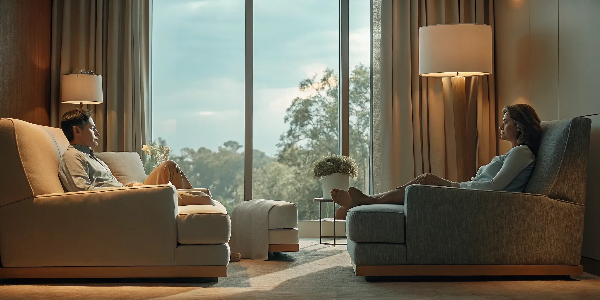 Sunlit private therapy room with comfortable seating designed for confidential one-on-one counseling sessions