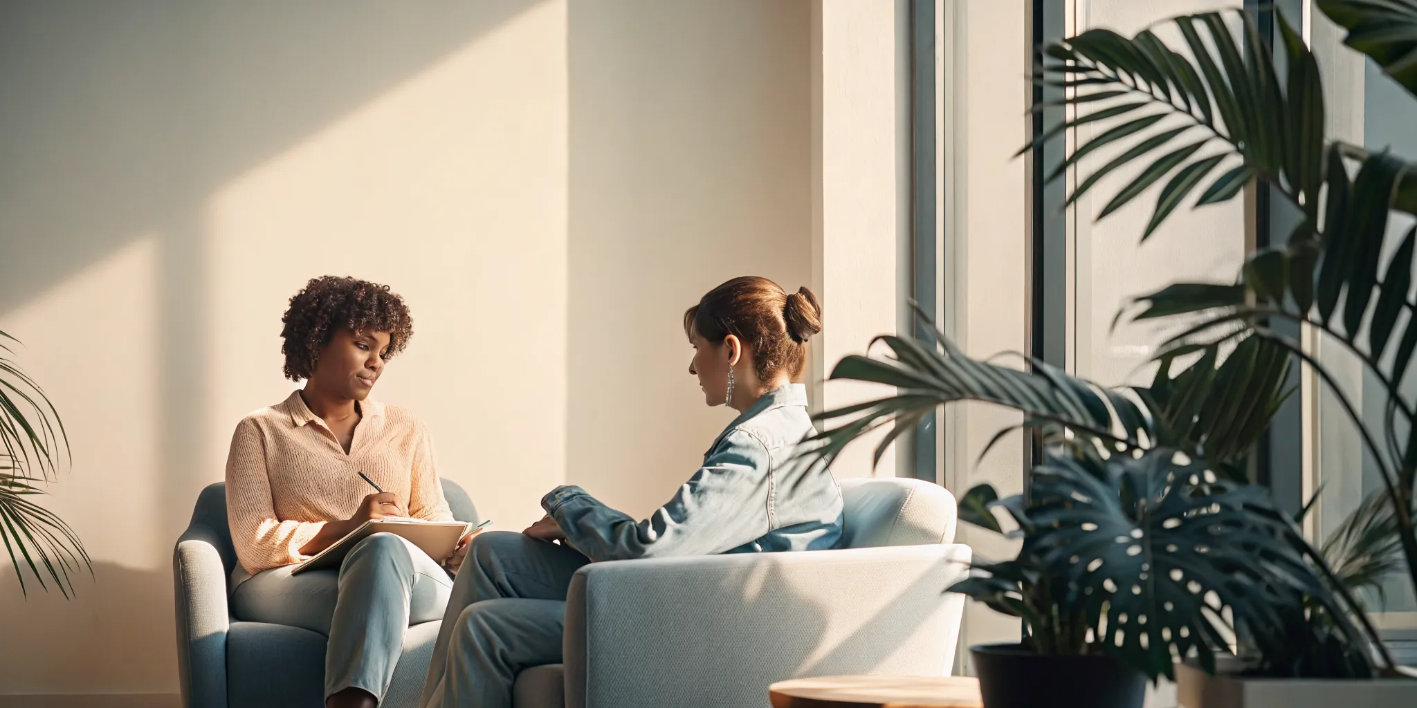 Therapist speaking with a client in a bright private office with natural light and plants