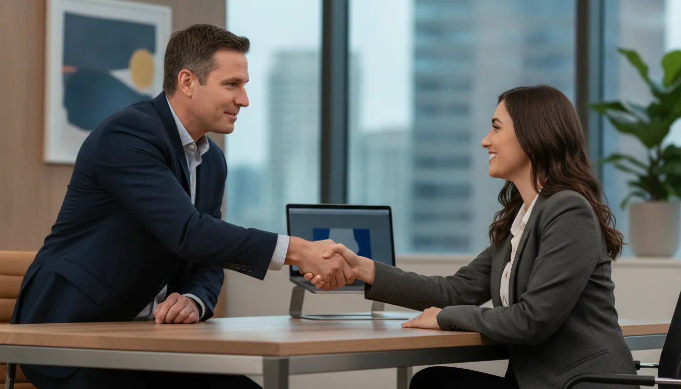 MSP business owner discussing BDR sales hiring strategy with a sales representative across a desk